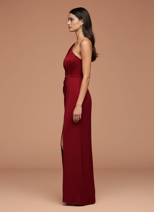One-Shoulder European Satin Dress Crimson Red