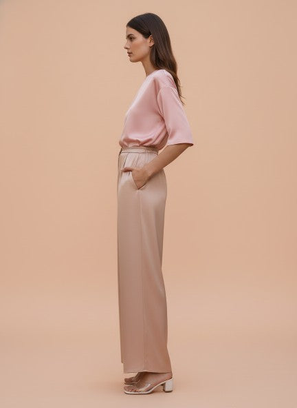 Satin Wide Leg Pants European Fabric  Peachy Pink Glam Look