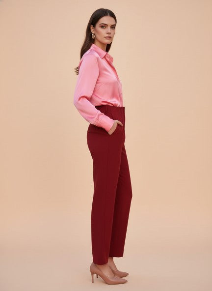 Banana Crepe Maroon Skin Fit With Multi Pleated Trouser