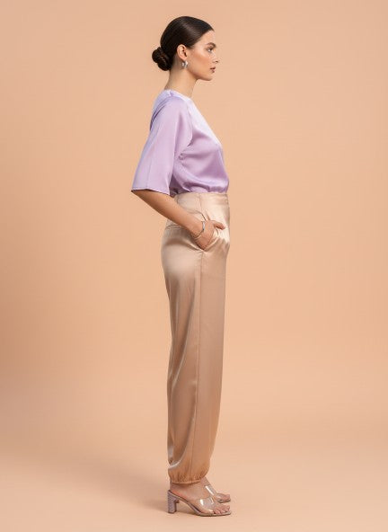 Satin Wide Leg Pants European Fabric  Light Beige Glam Look