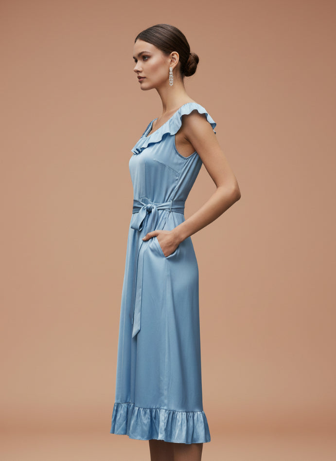 European Satin Ice Blue Mist Midi Dress