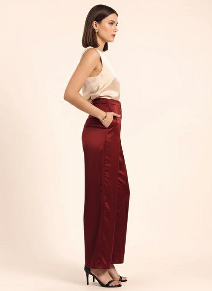 Satin Wide Leg Pants European Fabric  Wine Red Glam Look