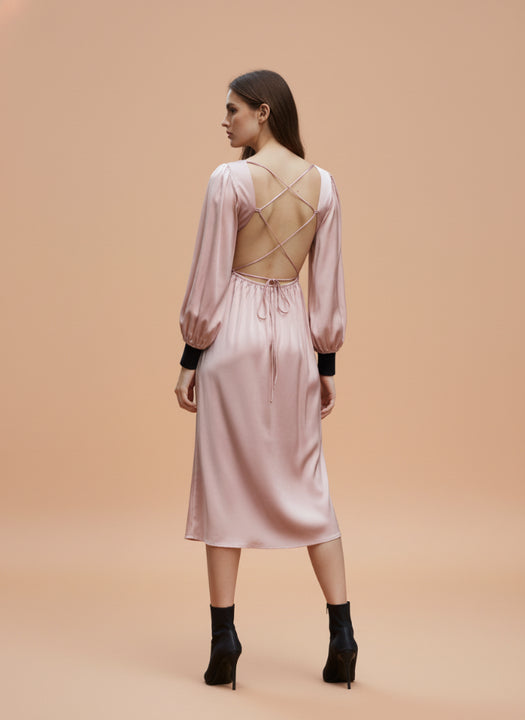 European Satin Midi Dress Rose Sand