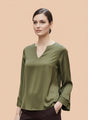 Women's European Satin V Neck Long Sleeve Top