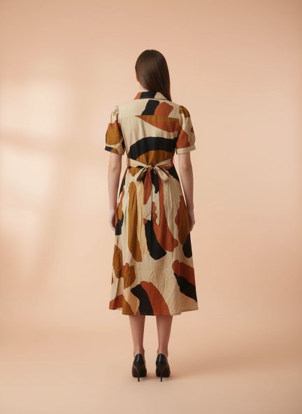 Rayon Printed Puff Sleeve A Line Shirt Dress