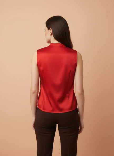 European Satin V Neck Pleated Sleeveless Top