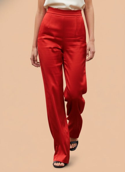 Satin Wide Leg Pants European Fabric  Red Glam Look