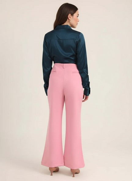 Banana Crepe Rose Pink Flared Trouser With Slash Pocket