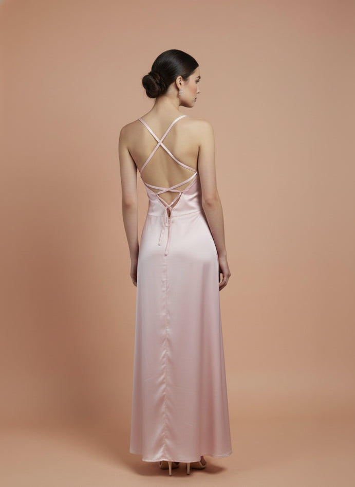Women’s Luxury European Satin Blush Pink Midi Dress