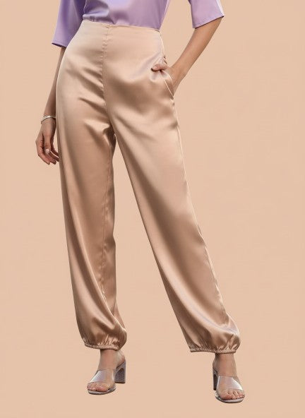 Satin Wide Leg Pants European Fabric  Light Beige Glam Look