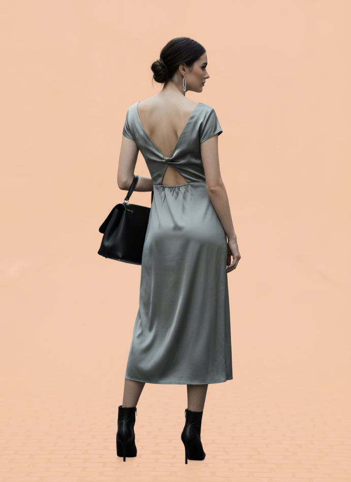 European Satin Grey Midi Dress