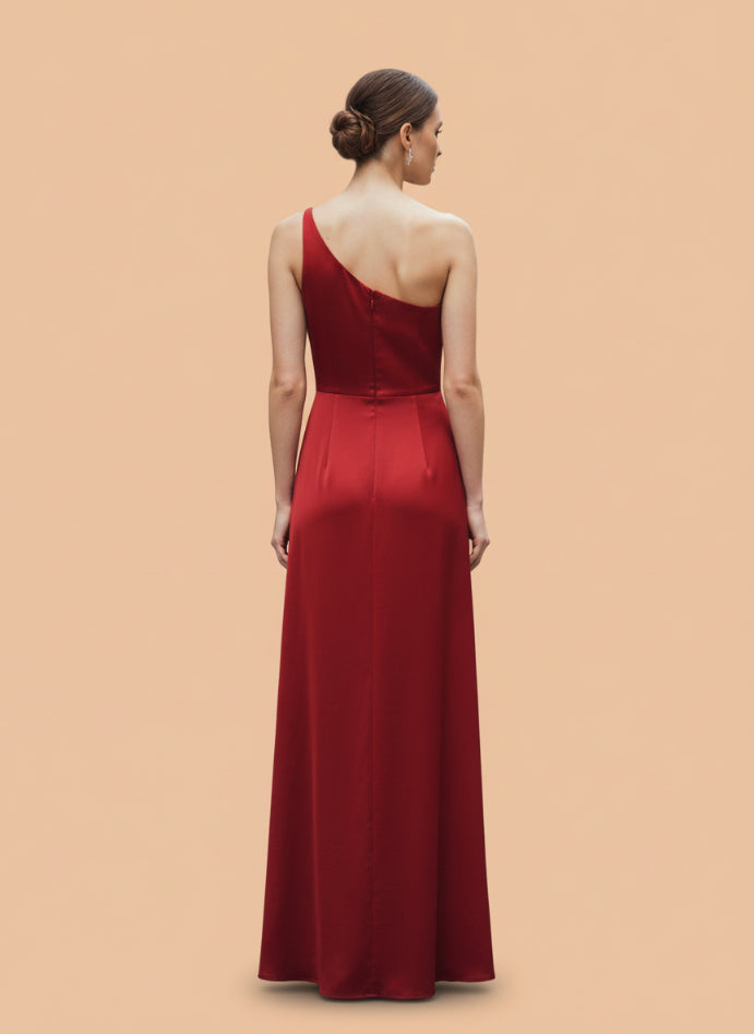 One-Shoulder European Satin Dress Crimson Red