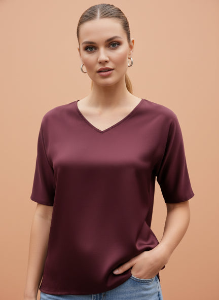 European Satin-Finish, V-Neck Top