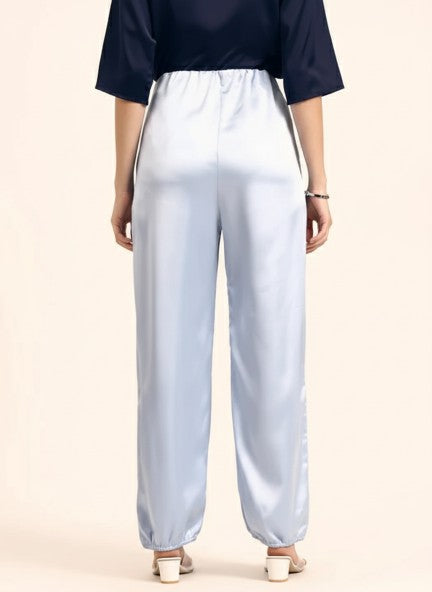 Satin Wide Leg Pants European Fabric  Ice Blue Glam Look