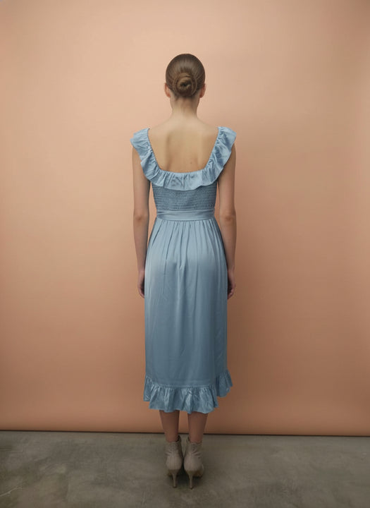 European Satin Ice Blue Mist Midi Dress