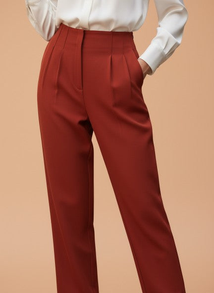 Banana Crepe Burnt Umber Skin Fit With Multi Pleated Trouser