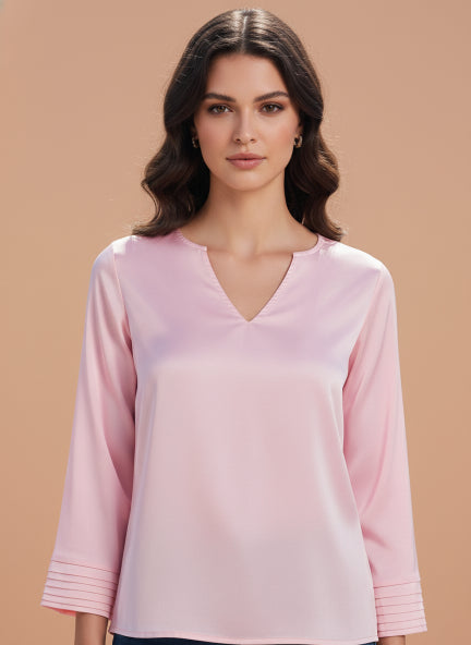 European Satin V Neck Long Sleeve Top