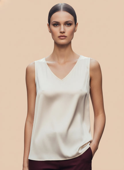 European Satin V Neck Sleeveless Top