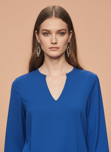 European Satin V Neck Long Sleeve Top