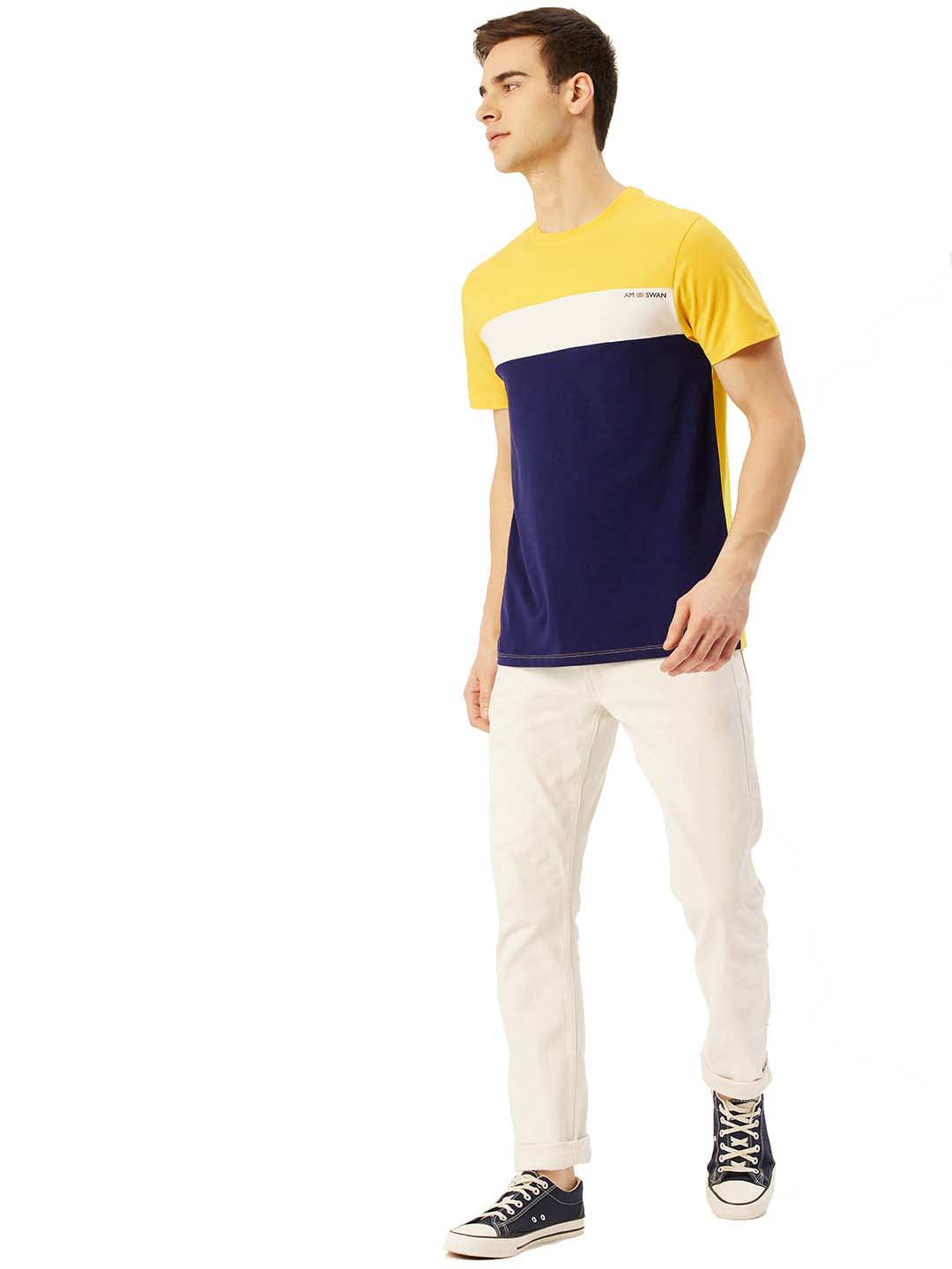 MENS COTTON RICH LYCRA COLOURBLOCK PRINTED HALF SLEEVE CREW NECK T-SHIRTS