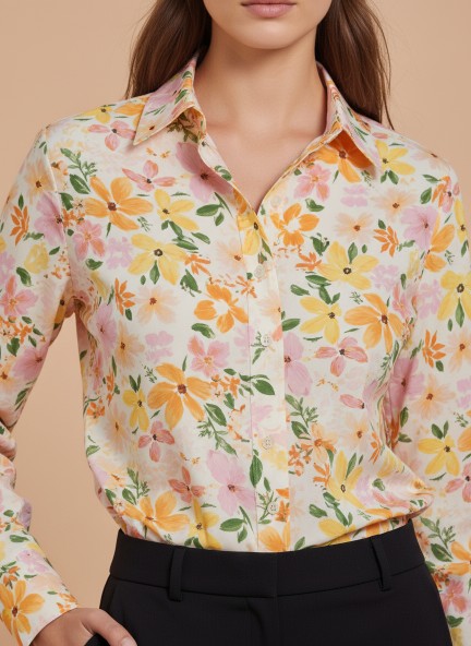 Cambric Digital Print Puff Sleeve Shirt