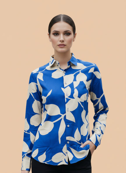 Women'S Premium Rayon Shirt With Blue Floral Print