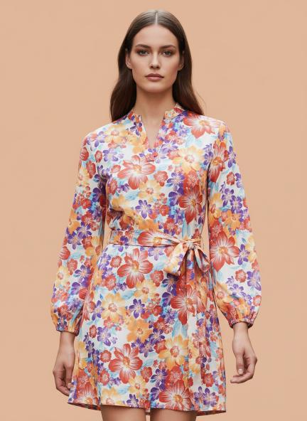 Muslin Digital Print  Midi Dress With Slash Pocket