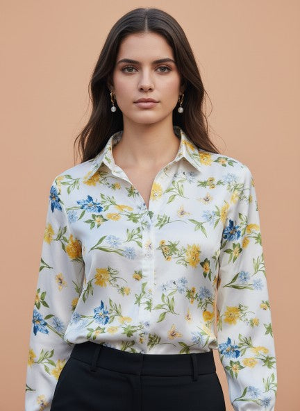 Linen Satin Multicolour Long Length Curved Hem Digital Print Shirt