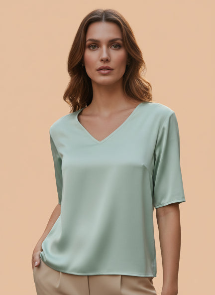 European Satin-Finish, V-Neck Top