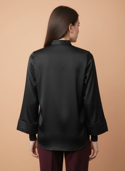 European Satin V Neck Long Sleeve Top