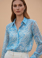 Premium Organza Blue And White Long Length Curved Hem Digital Print Shirt