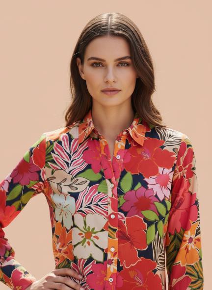 Satin Multicolour Long Length Curved Hem Digital Print Shirt