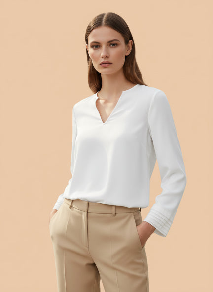 European Satin V Neck Long Sleeve Top