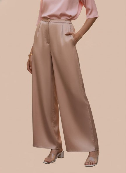 Satin Wide Leg Pants European Fabric  Peachy Pink Glam Look