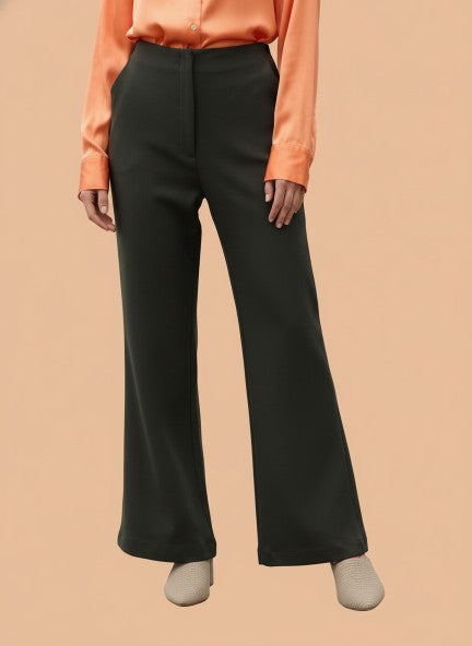 Banana Crepe Olive Flared Trouser With Slash Pocket