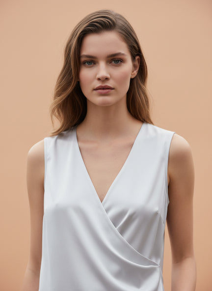 European Satin V Neck Pleated Sleeveless Top