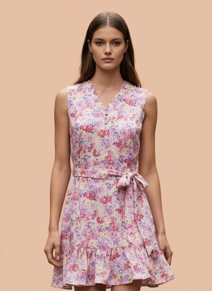 Premium Micro Digital Print  V Neck Flare Dress With Slash Pocket