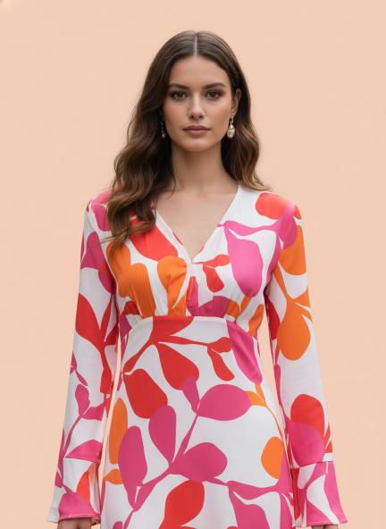 Satin Digital Print  Maxi Dress With Slash Pocket