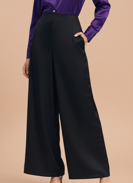 Satin Wide Leg Pants European Fabric  Black Glam Look