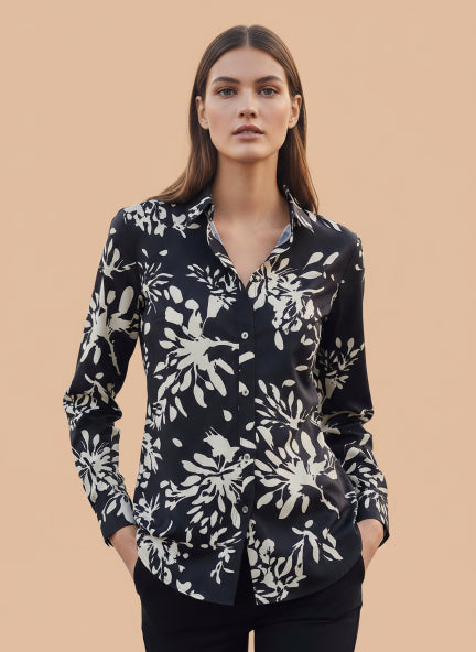 Women'S Premium Rayon Shirt With Navy Floral Print
