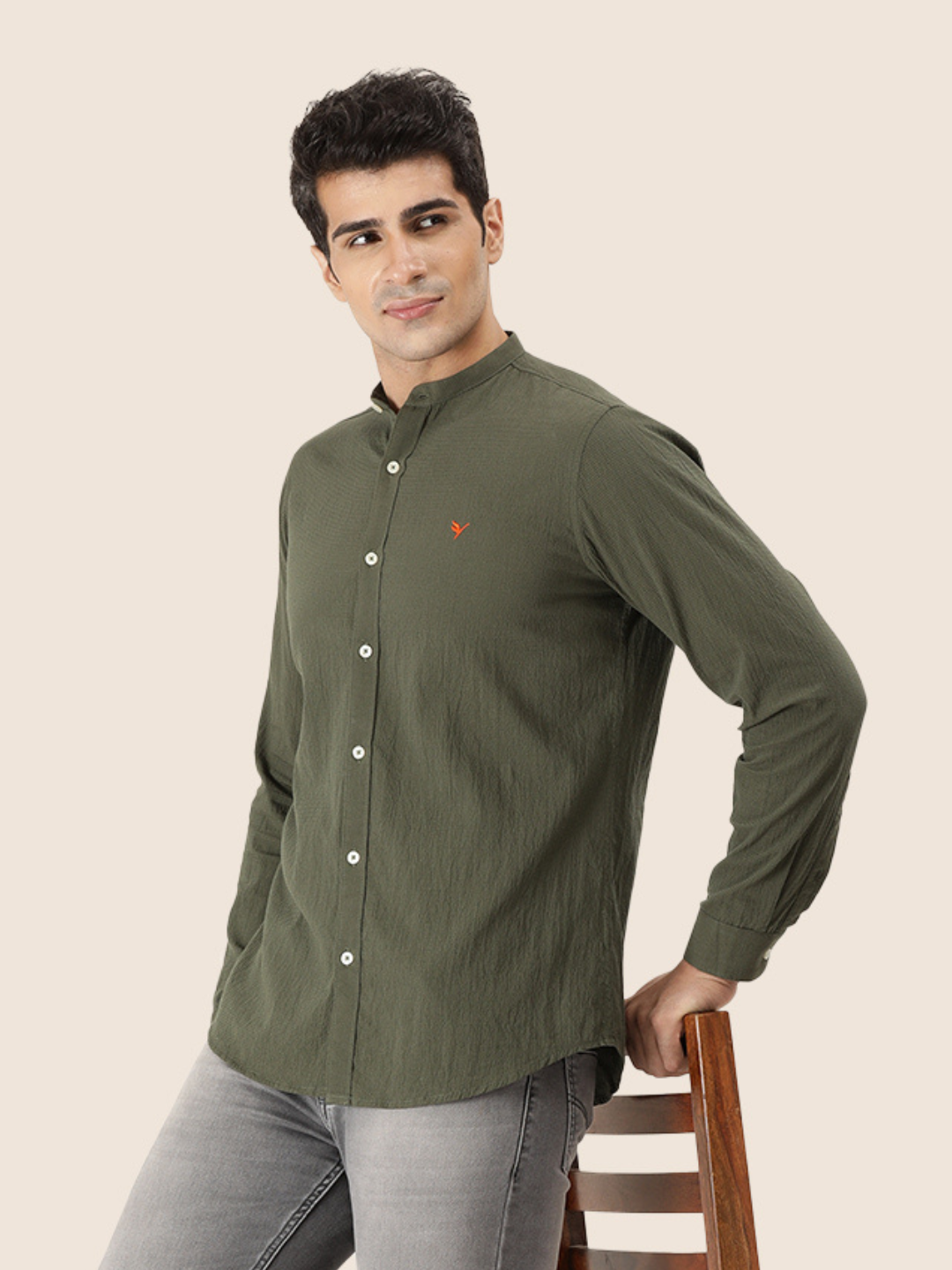 Premium Men'S Crinkle Cotton Shirt | Olive