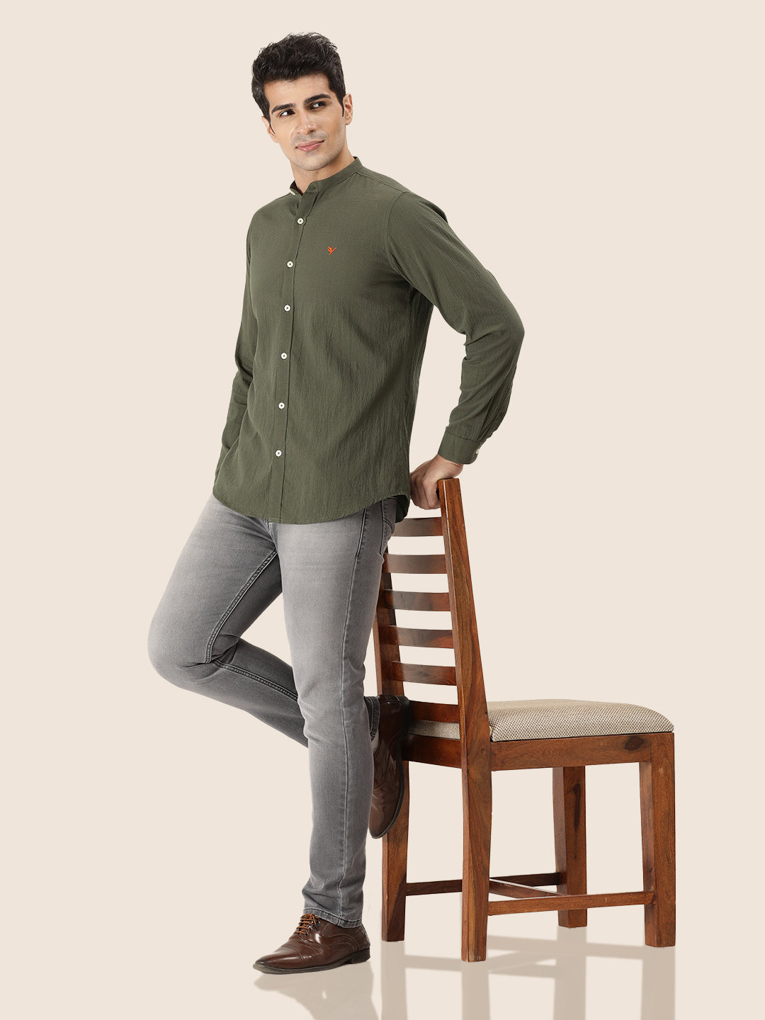 Premium Men'S Crinkle Cotton Shirt | Olive