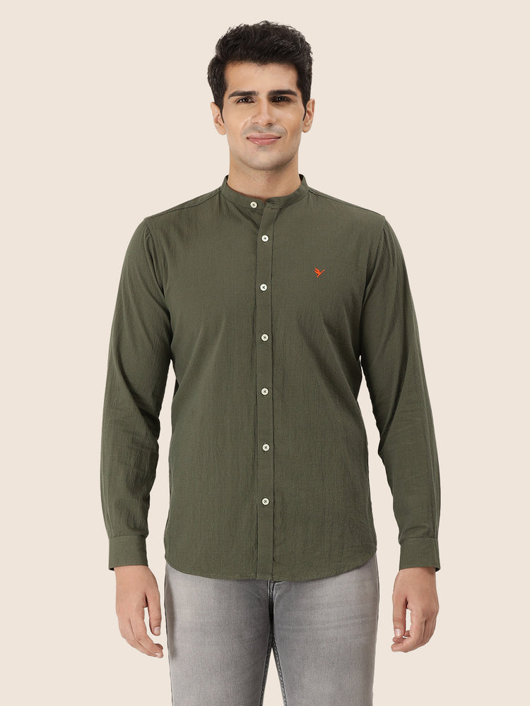 Premium Men'S Crinkle Cotton Shirt | Olive