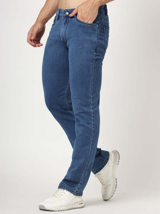 Premium Men'S Blue Mid Wash Relaxed Fit Jeans