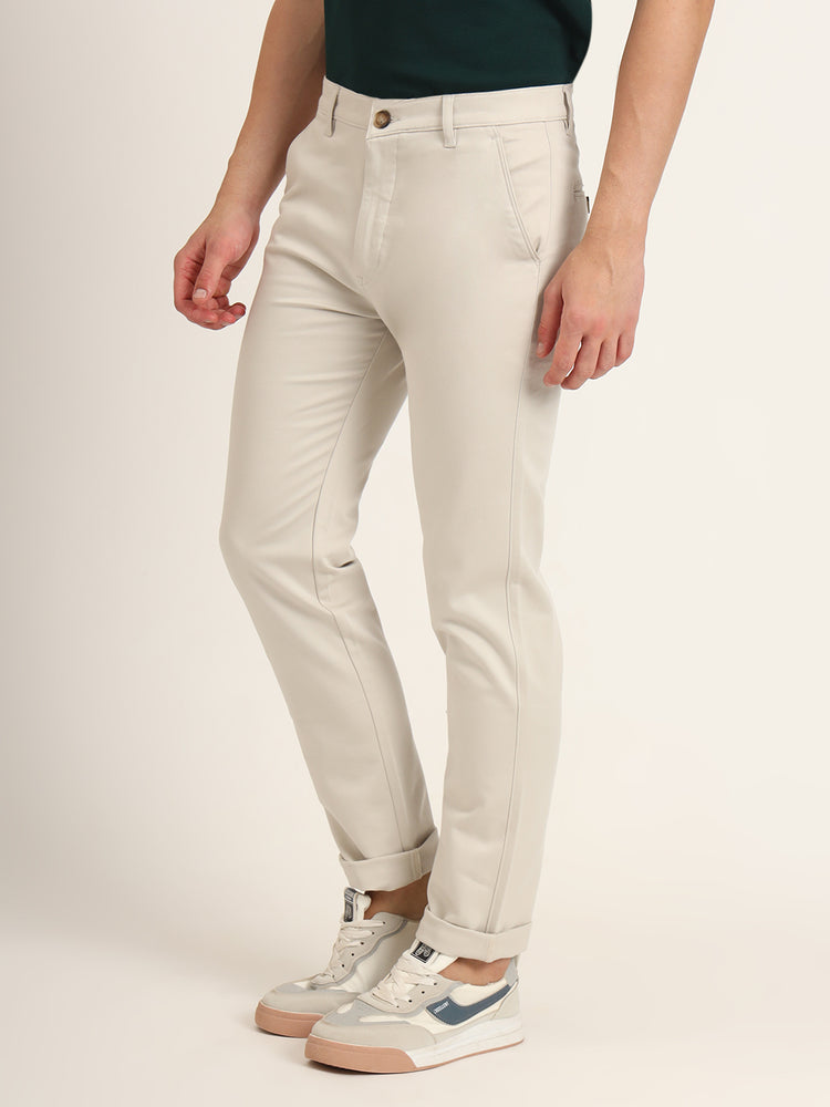 Premium Cotton Stretch Beige Solid Men'S Regular Fit Trouser
