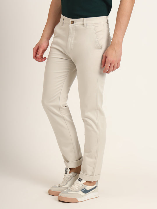 Premium Cotton Stretch Beige Solid Men'S Regular Fit Trouser