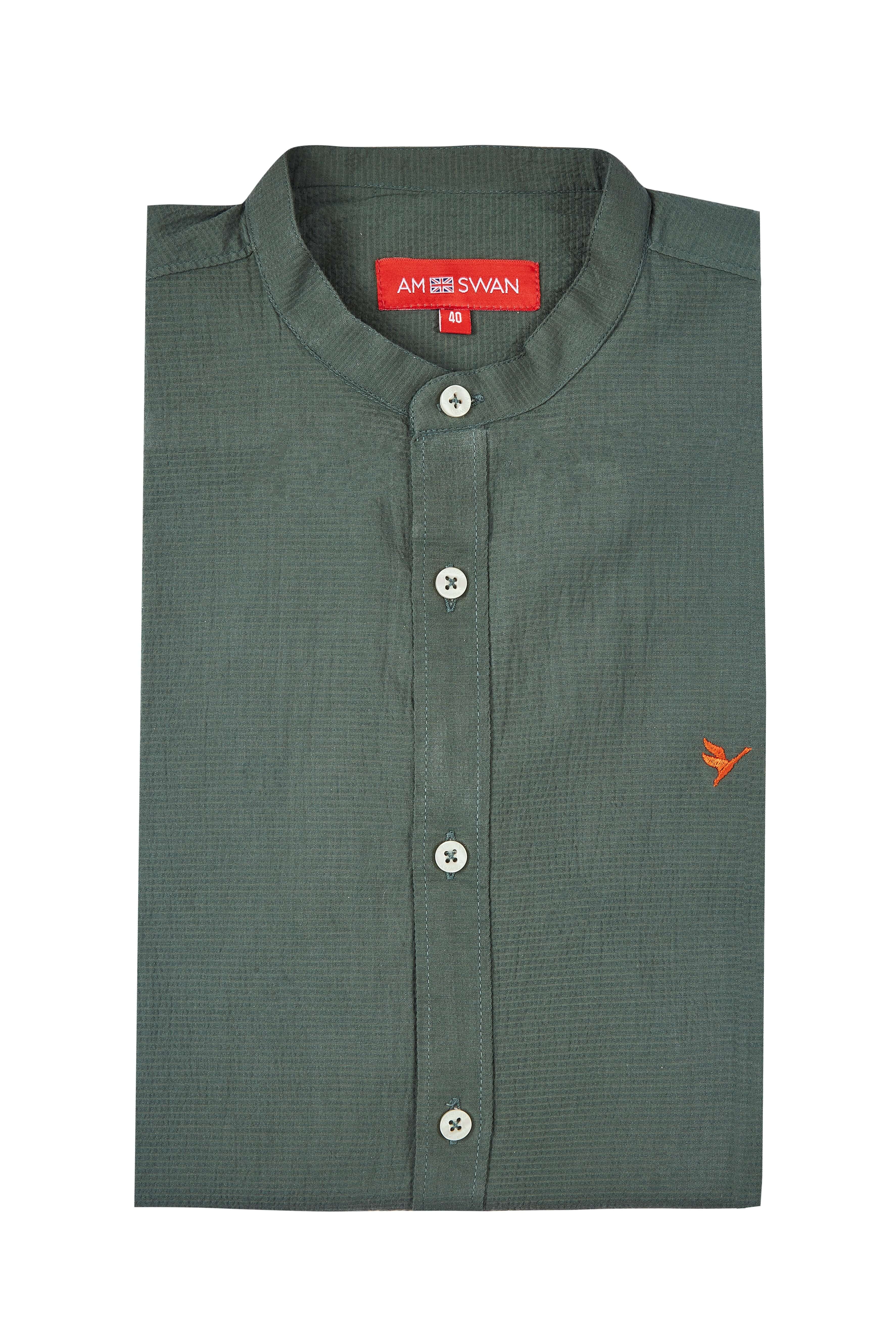 Amswan Premium Men'S Green Crinkle Cotton Shirt - Mandarin Collar, Long Sleeves