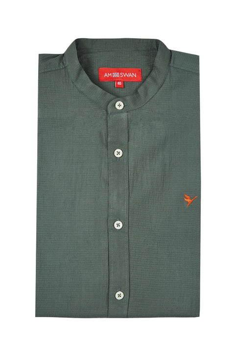 Amswan Premium Men'S Green Crinkle Cotton Shirt - Mandarin Collar, Long Sleeves