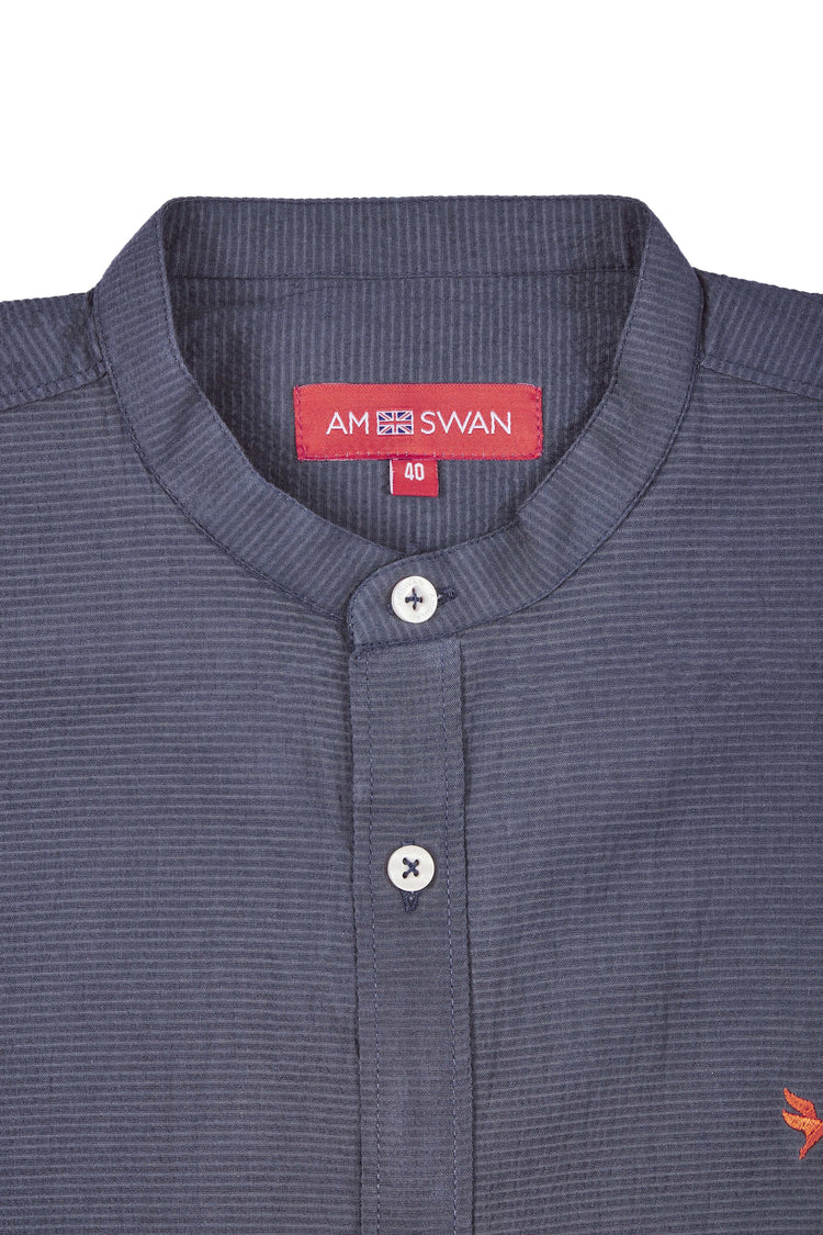 Amswan Premium Men'S Blue Crinkle Cotton Shirt - Mandarin Collar, Long Sleeves