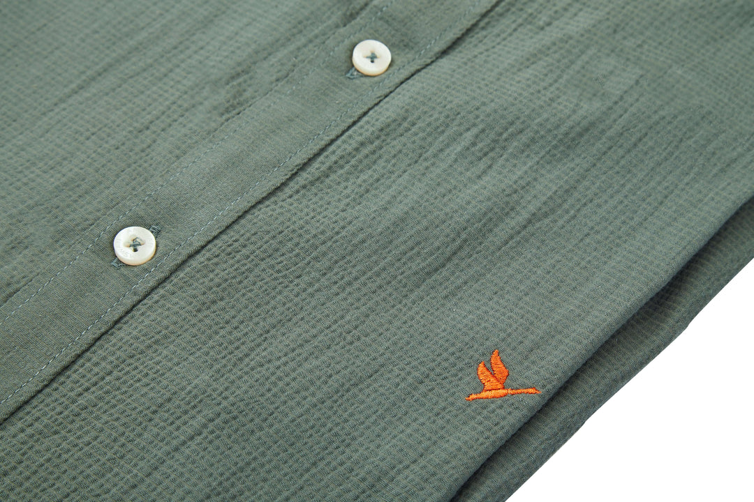 Amswan Premium Men'S Green Crinkle Cotton Shirt - Mandarin Collar, Long Sleeves